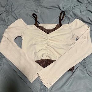 ROMWE Cream and Brown Off-Shoulder Blouse